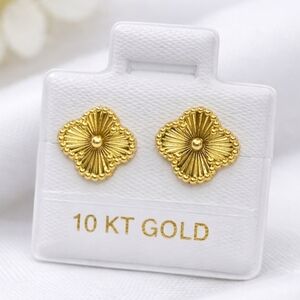 Van Four Leaf Golden Stud Earrings Inspired 10K Solid Gold 9mm